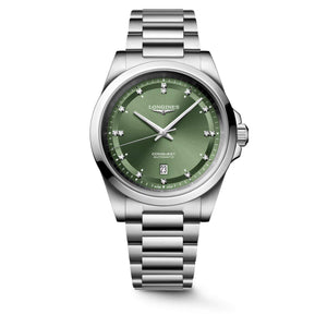 LONGINES 浪琴 Conquest 征服者系列綠色鑽面優雅時尚運動腕錶 41mm L38304076