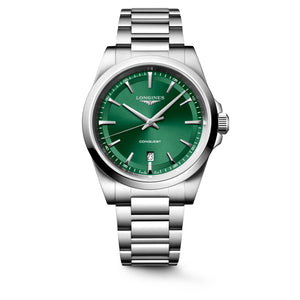 LONGINES 浪琴 Conquest 征服者系列綠色面盤優雅時尚運動石英腕錶 41mm L38604096