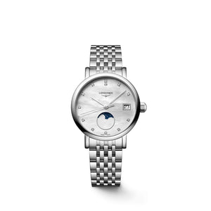 LONGINES 浪琴 Elegant 優雅系列不銹鋼月相珍珠母貝鑽面石英錶 30mm L43304876