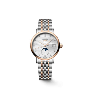 LONGINES 浪琴 Elegant 優雅系列18k玫瑰金不銹鋼月相珍珠母貝鑽面石英錶 30mm L43305877