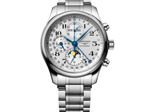 LONGINES 浪琴 Master 巨擘系列 L27734786，42毫米全日曆月相計時碼錶，不鏽鋼錶帶與銀色麥穗紋錶盤