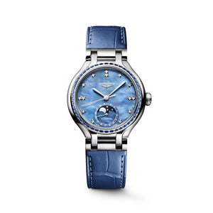 LONGINES 浪琴 PrimaLuna  新月系列藍寶石藍色珍珠母貝真鑽月相優雅機械女錶 34mm L81260972