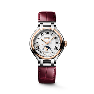 LONGINES 浪琴 PrimaLuna  新月系列羅馬時標月相優雅機械不鏽鋼及18k玫瑰金女錶 34mm L81265712