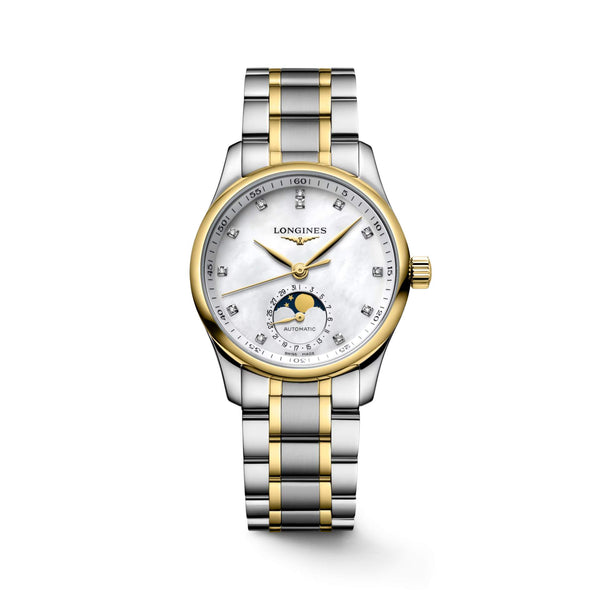 LONGINES 浪琴 MASTER 巨擘系列月相18k黃金鋼鑽母貝面月相機械腕錶 34mm L24095877