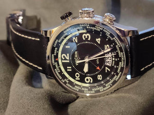 VULCAIN 窩路堅領航員系列鬧鈴手上鍊世界時區黑面腕錶 42mm 110163A07.BFC102