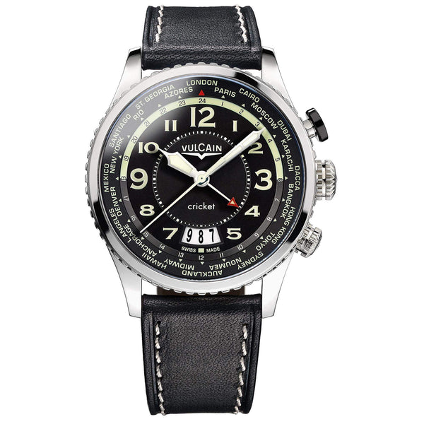 VULCAIN 窩路堅領航員系列鬧鈴手上鍊世界時區黑面腕錶 42mm 110163A07.BFC102