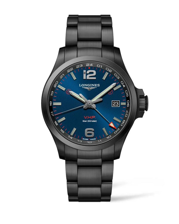 LONGINES 浪琴征服者系列超精準V.H.P. GMT 兩地時區萬年曆石英PVD黑色塗層腕錶 43mm L37282966