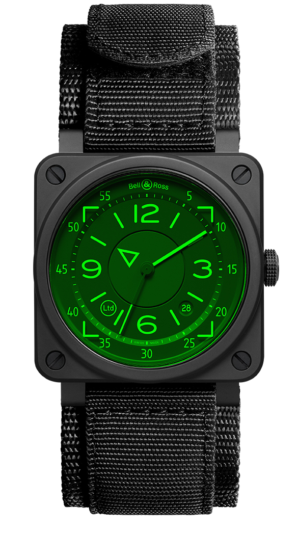Bell & Ross 柏萊士 BR 03-92 HUD 抬頭顯示器概念腕錶 2020新款 儀表板面盤設計 綠色夜光 黑陶瓷 全球限量999只