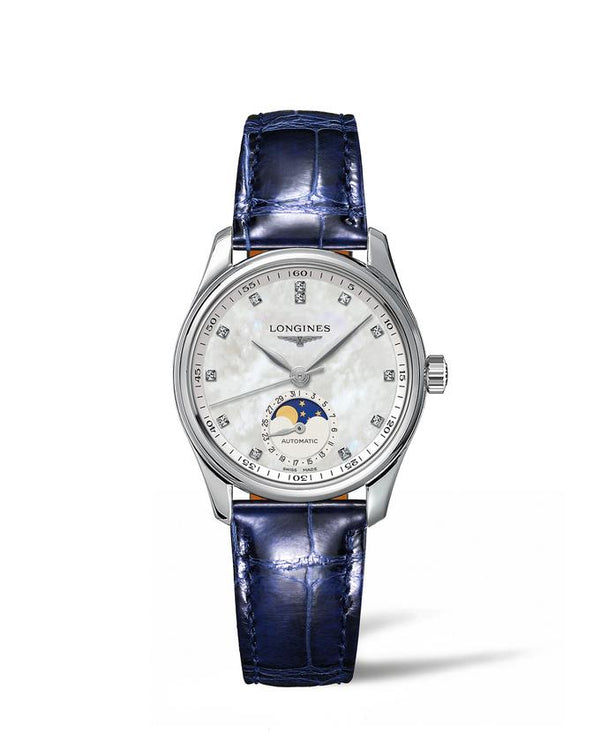 LONGINES 浪琴 MASTER 巨擘系列月相真鑽白母貝機械腕錶 34mm L24094870