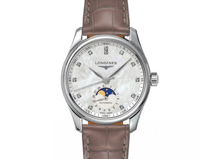LONGINES 浪琴 MASTER 巨擘系列月相真鑽白母貝機械腕錶 34mm L24094874 - 新萬國鐘錶