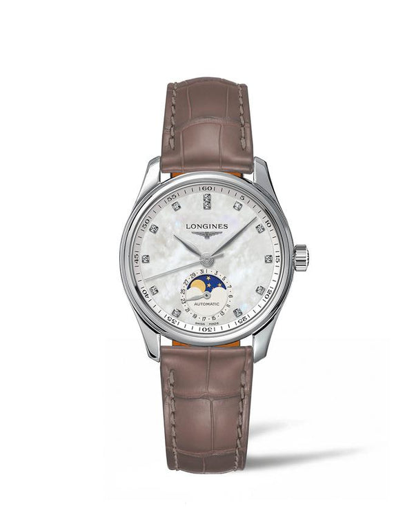 LONGINES 浪琴 MASTER 巨擘系列月相真鑽白母貝機械腕錶 34mm L24094874