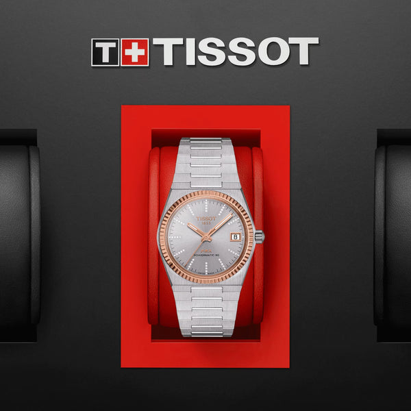 TISSOT 天梭 PRX 系列80小時自動款機械腕錶 18k玫瑰金錶圈鑽面 35mm T9312074133600