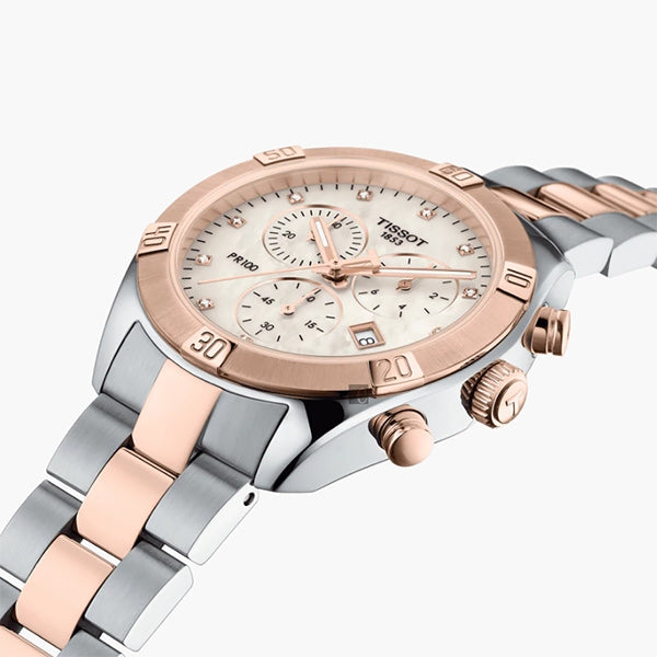 TISSOT 天梭 PR100 SPORT 天梭真鑽計時PVD玫瑰金石英女錶 38mm T1019172211600