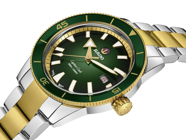 RADO 雷達錶 Captain Cook 庫克船長300米PVD黃金綠面陶瓷潛水腕錶 42mm R32138303