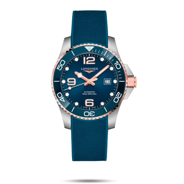 LONGINES 浪琴 HydroConquest 深海征服者系列浪鬼陶瓷潛水機械錶 43mm L37823989 藍面玫瑰金PVD塗層