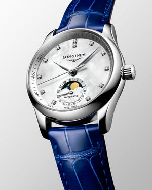 LONGINES 浪琴 MASTER 巨擘系列月相真鑽白母貝機械腕錶 34mm L24094870