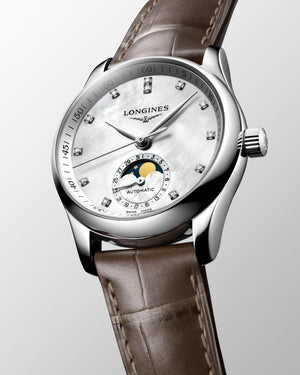 LONGINES 浪琴 MASTER 巨擘系列月相真鑽白母貝機械腕錶 34mm L24094874