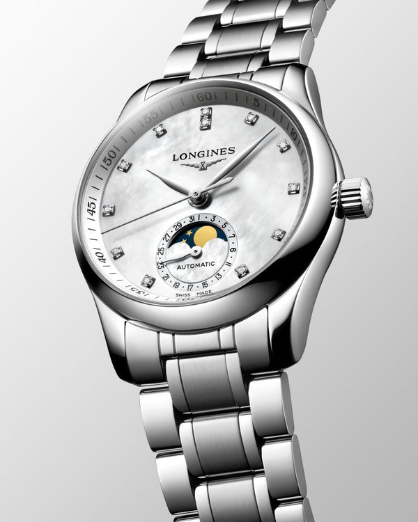 LONGINES 浪琴 MASTER 巨擘系列月相真鑽白母貝機械腕錶 34mm L24094876