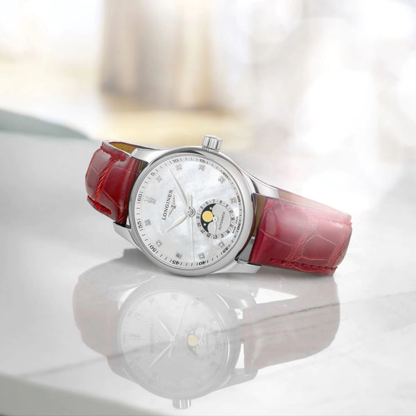 LONGINES 浪琴 MASTER 巨擘系列月相真鑽白母貝機械腕錶 34mm L24094872